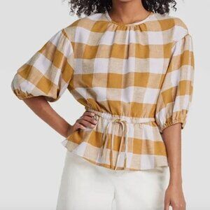 Who What Wear Linen Blend Puffed Sleeve Peplum Blouse White/Gold Gingham XXL